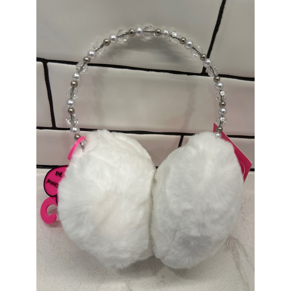 Betsey Johnson White Faux Fur Earmuffs Beaded Pearl Headband Winter Accessories
